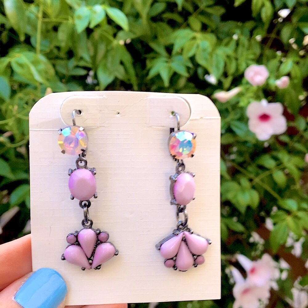 Lavender + Pink Opal Aurora Borealis Crystal Drop Statement Earrings - Picture 12 of 17